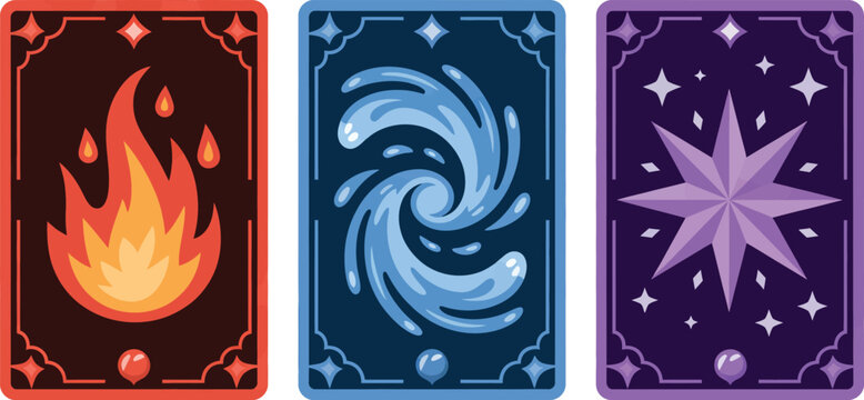 Three fantasy magic cards with fire water and star symbols, mystical game designs featuring elemental powers, enchanted motifs and magical adventure themes.