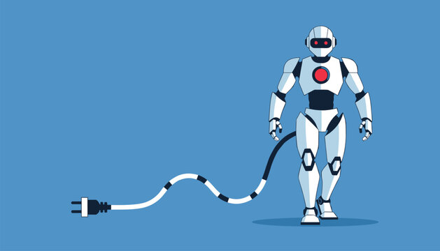 Humanoid robot walks confidently across a blue background while tethered to a black and white power plug cable.