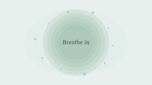 Breathe in and breathe out calming circle expanding and shrinking with floating leaves on soft mint green background