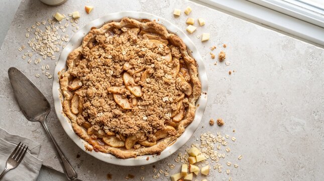 Apple crumble pie with golden oat streusel and cinnamon apples on a pale stone surface, styled in a bright modern flat lay with generous copy space.