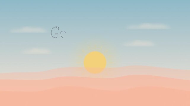Good morning handwritten text with rising sun, soft clouds and flying birds over peach waves on pastel sky