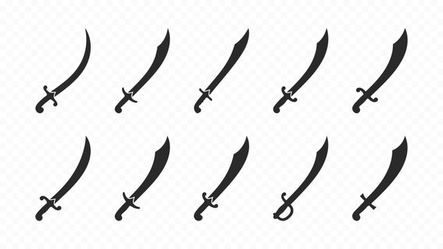 Curved Pirate Cutlasses and Ancient Cavalry Sabers Weaponry Glyph Icon Set - Pirate Cutlass, Cavalry Saber, Curved Scimitar, Medieval Blade Solid Vector