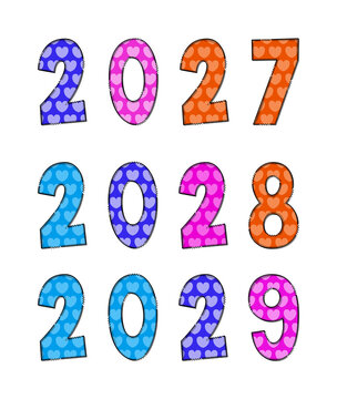 Colorful hearts pattern numbers 2027 2028 2029 transparent background