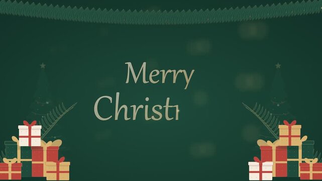 Merry Christmas elegant script text with hanging baubles, stars, fir branches and gift boxes on dark green background