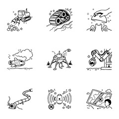 Autonomous mining doodle set with rover dredge, track vehicle, dome habitat, underwater drone, lander, and robot arm. © Lefra