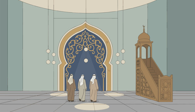 Three Muslim men in traditional Arab clothing standing inside a beautiful mosque near the mihrab and a wooden minbar pulpit.