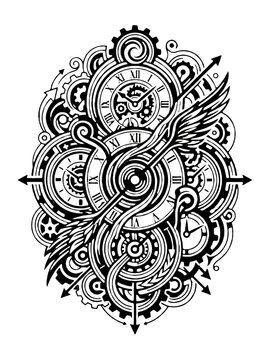 Ornate Steampunk Clockwork with Gears and Wings Vector Illustration