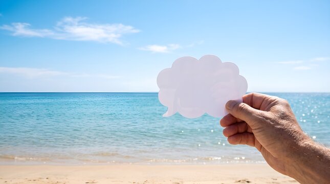 Blank speech bubble cut out held in hand, empty thought cloud paper sign at sunny beach, tropical ocean background for messaging copy space