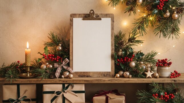 Christmas poster mockup featuring one plain blank vertical cream poster attached to a simple wooden clipboard, placed against a soft beige wall. Surround with pine branches, red berries, small gold or