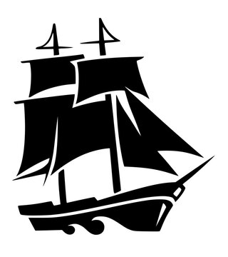Black silhouette of two‑mast sailing ship on waves, bold vector design symbolizing travel, adventure, and nautical heritage.