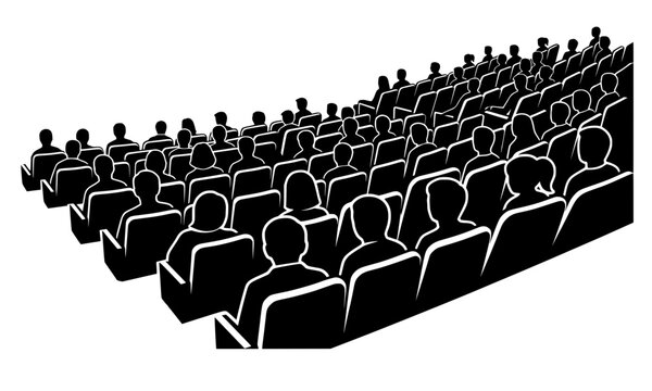 Black silhouettes of seated audience in theater rows, bold vector design symbolizing gathering, performance, and collective attention.