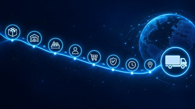 Conceptual digital global supply chain management flowchart with glowing blue icons representing logistics, shipping, warehouse, delivery tracking, and e-commerce on a dark background.