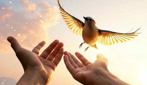 Songbird flying above open hands in glowing morning light