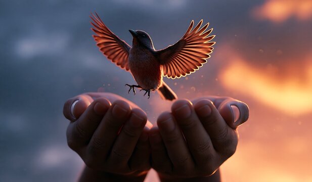 Bird hovering over two open hands under moody sunset sky