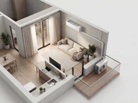 Ductless mini split air conditioning system installed in a modern cozy apartment interior with balcony view layout