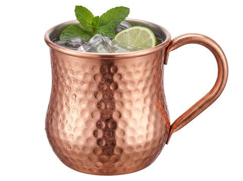 Hammered copper mug filled with iced drink and mint garnish on transparent background