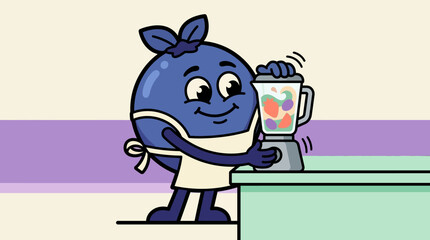 Obraz premium Blueberry character wearing apron making smoothie with blender.