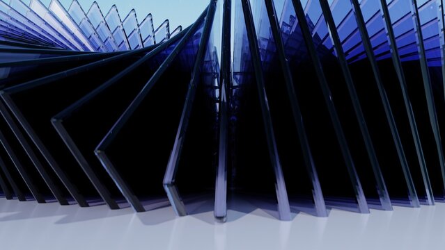 Abstract macro background with converging dark blue glass panels and deep perspective