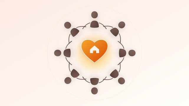 Community holding hands around a glowing orange heart icon video motion graphic with white background