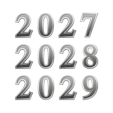 Silver metallic numbers 2027, 2028, 2029 transparent background