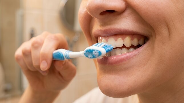 Close up of a smiling woman brushing teeth with a blue and white toothbrush in a bathroom setting while maintaining good oral hygiene habits for a healthy white smile and fresh breath daily