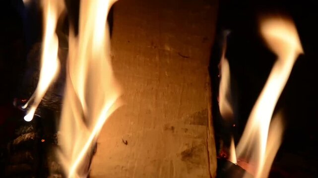 Burning logs with dancing flames and glowing embers in a campfire at, close-up