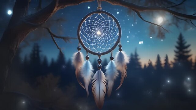A dream catcher adorned with feathers hangs from a tree branch against a mystical starry night sky with a forest background