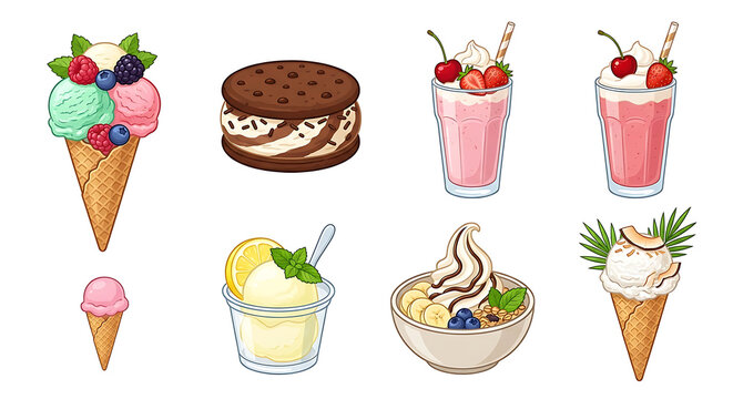 Create six different frozen dessert illustrations triple-scoop cone with berries, chocolate ice cream sandwich, strawberry milkshake glass, lemon sorbet cup, vanilla soft-serve bowl with fruit, and co