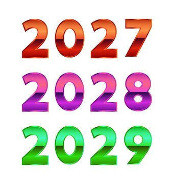 Colorful 3D years numbers 2027 2028 2029 on transparent background