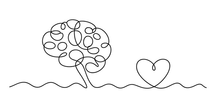 Continuous line drawing of a human brain and a heart symbol isolated on a white background isolated on transparent background