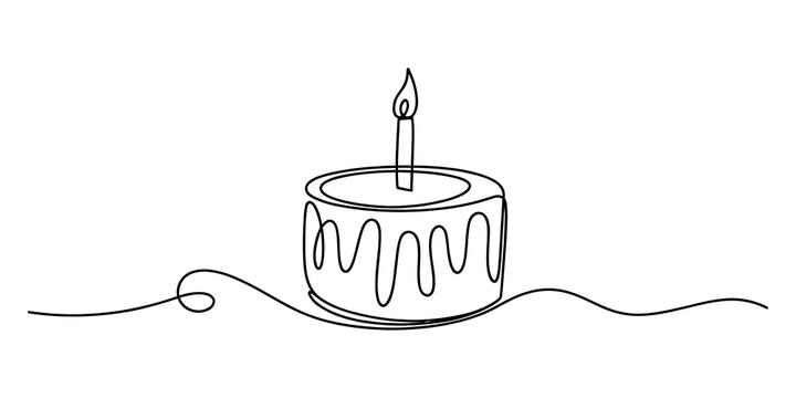 Continuous single line drawing of a birthday cake with a lit candle isolated on transparent background