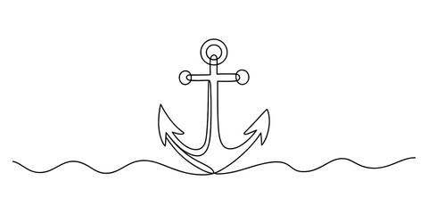 Simple line art drawing of a ship anchor and ocean waves isolated on transparent background © Lakhsmi