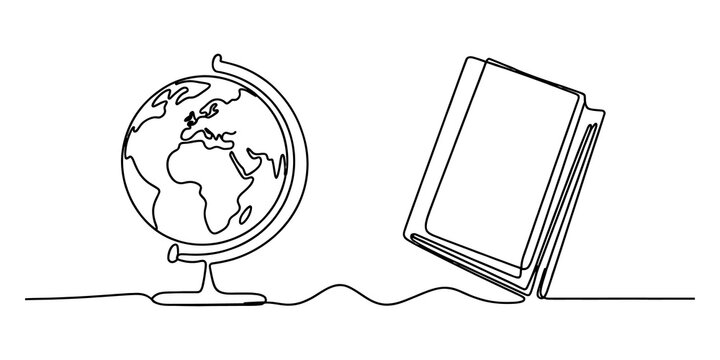 Continuous single line drawing of a world globe and a closed book standing next to each other isolated on a white background isolated on transparent background