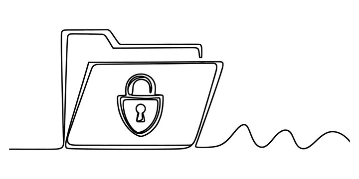 Continuous single line drawing of a secure computer folder with a padlock icon on white background isolated on transparent background