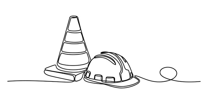 Continuous single line drawing of a traffic cone and a construction hard hat safety helmet isolated on a white background isolated on transparent background