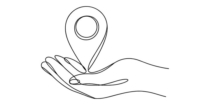 Continuous single line drawing of a human hand holding a map location pin icon symbol isolated on a white background isolated on transparent background