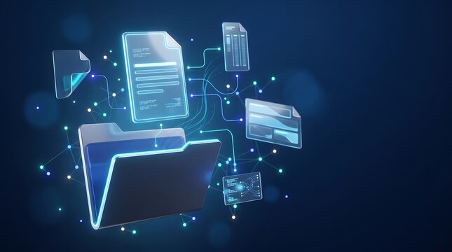 Floating digital file icons and folder structures with glowing network connections representing secure cloud storage and data management systems in modern digital environments