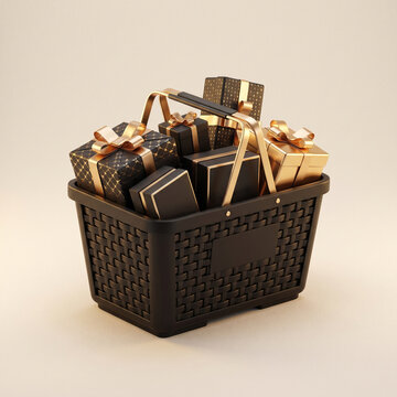 Black perforated shopping basket filled with assorted packaged goods, photographed against a neutral background for grocery, supermarket, retail, and consumer shopping concepts.