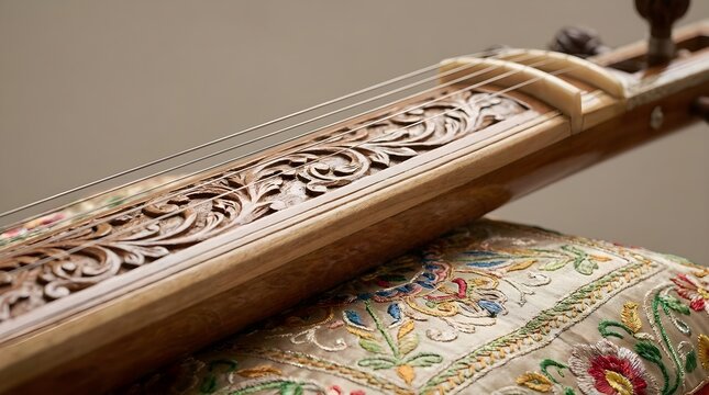 Indian Sitar Close Up on Embroidered Cushion