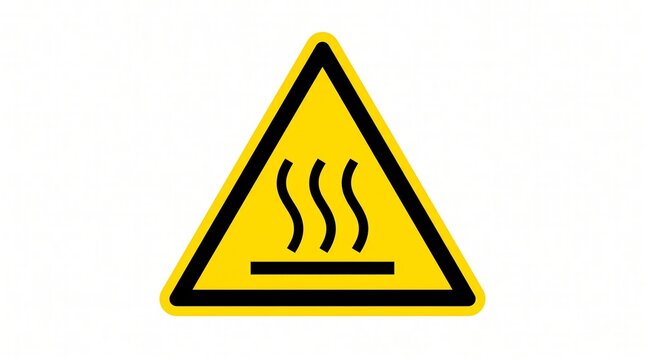 Yellow hot surface warning triangle sign for industrial safety and caution