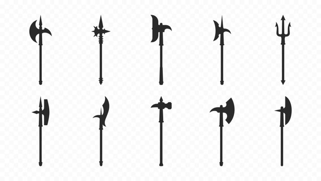 Medieval Polearms Spears and Halberds Weaponry Glyph Icon Set - Battle Trident, Medieval Pike, Ancient Polearm, Fantasy Spear Solid Vector
