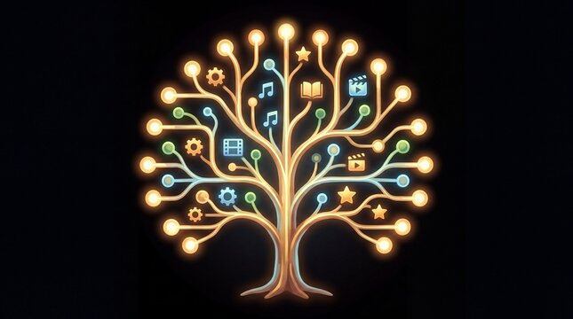 AI Recommendation Engine Visualized as a Luminous Branching Tree Digital Art