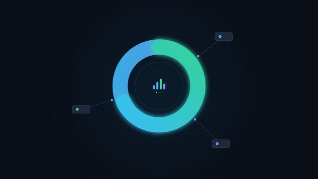 Animated Circular Data Visualization Graphic, Glowing Blue and Green Ring with Abstract Chart Elements, Dynamic Seamless Loop, Representing Analytics, Progress, and Technology