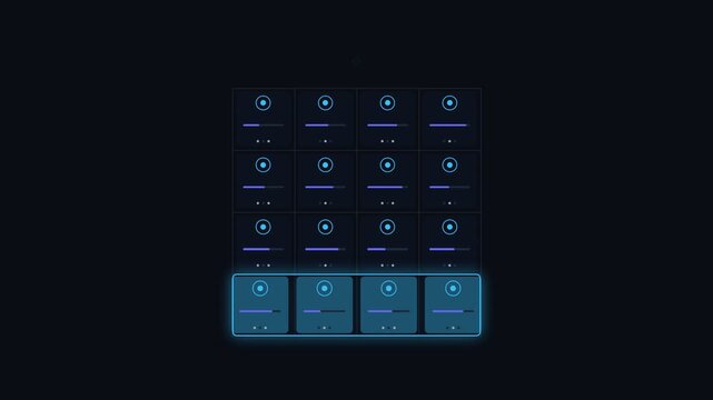 Dynamic grid interface animation with glowing blue data points and sliders, smoothly transitioning and highlighting selections, symbolizing digital control, interface design, and data management.
