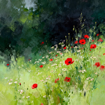 Misty Meadow with Red Poppies