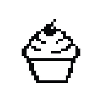 Pixel art cupcake icon with cherry topping isolated on white background for retro game design asset