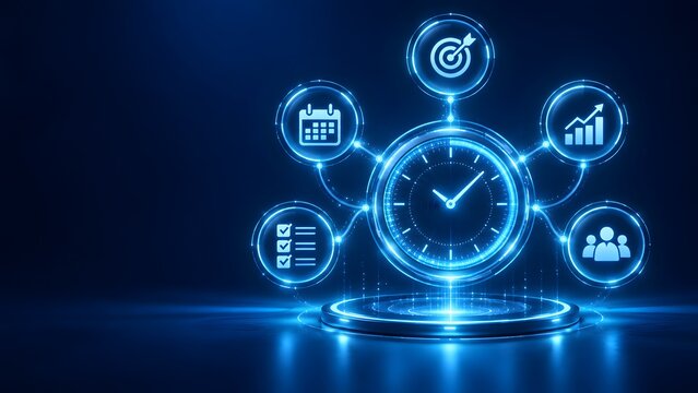Futuristic time management and business productivity concept with glowing neon digital clock icons, project planning calendar, target goal, growth chart, and checklist on blue background.