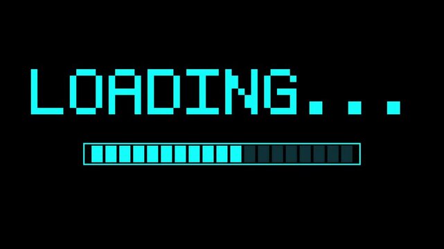 Retro pixel art loading screen animation, cyan digital progress bar on black background, vintage 8-bit gaming interface for video overlays