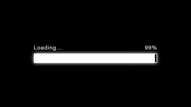 Minimalist loading progress bar at 99 percent, white digital status indicator on black background, interface element for software and web design