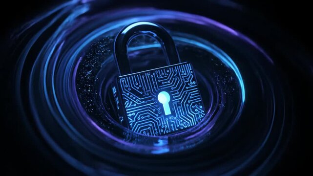 Abstract digital padlock with circuit board design in a glowing data swirl.